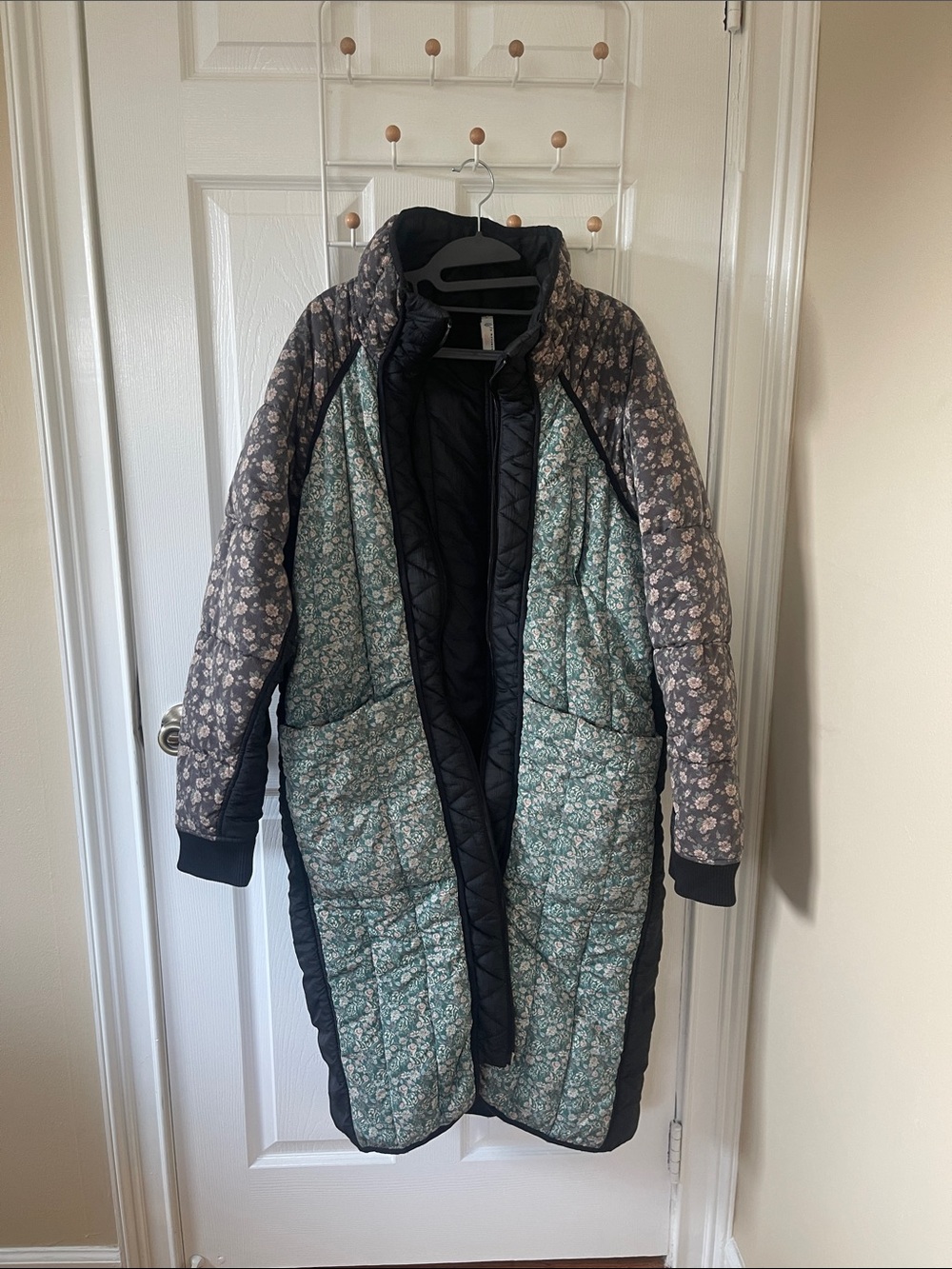 FP Movement by Free People Quilted Floral Long Puffer Coat in Black & Green